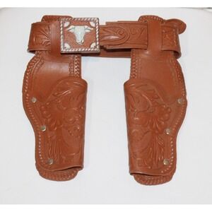 vintage 1978 CBS Toys cap gun double holster belt western brown steer buckle